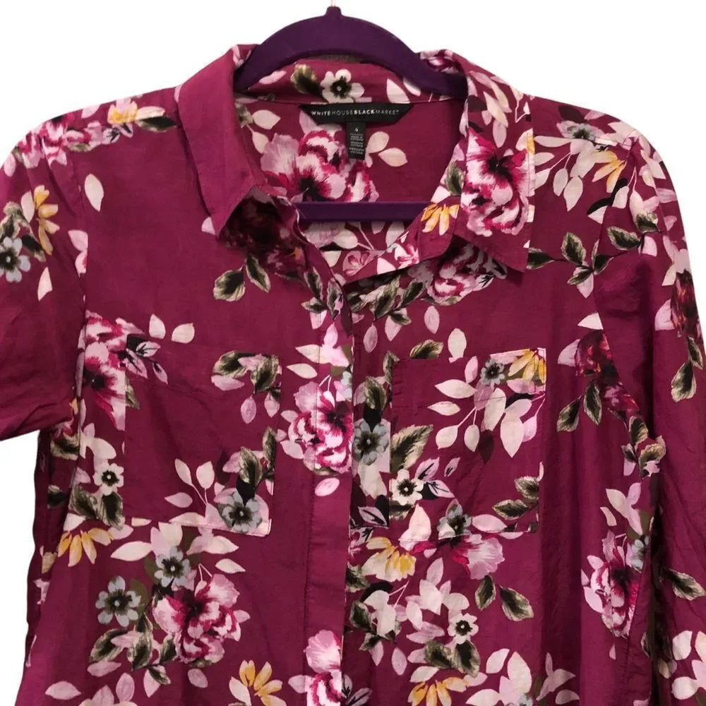 White House Black Market Women’s Too Sz 4 Pink Floral Long Sleeve Button Down - Picture 2 of 6